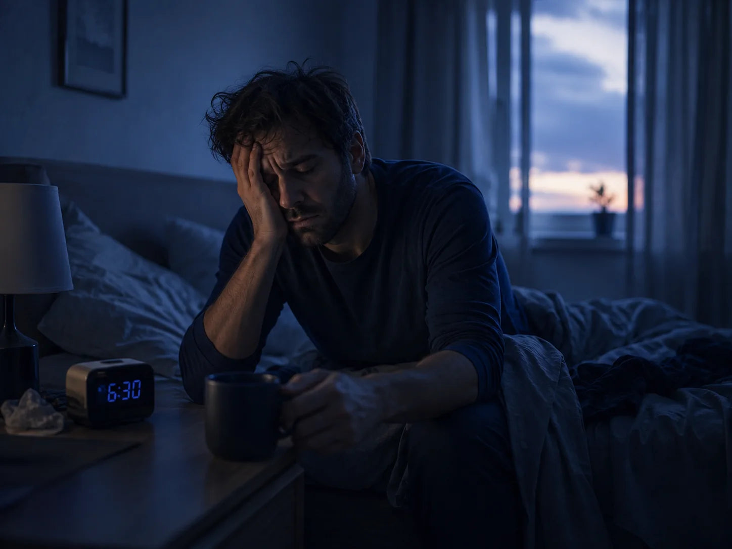 Persona despertando agotada por la mañana