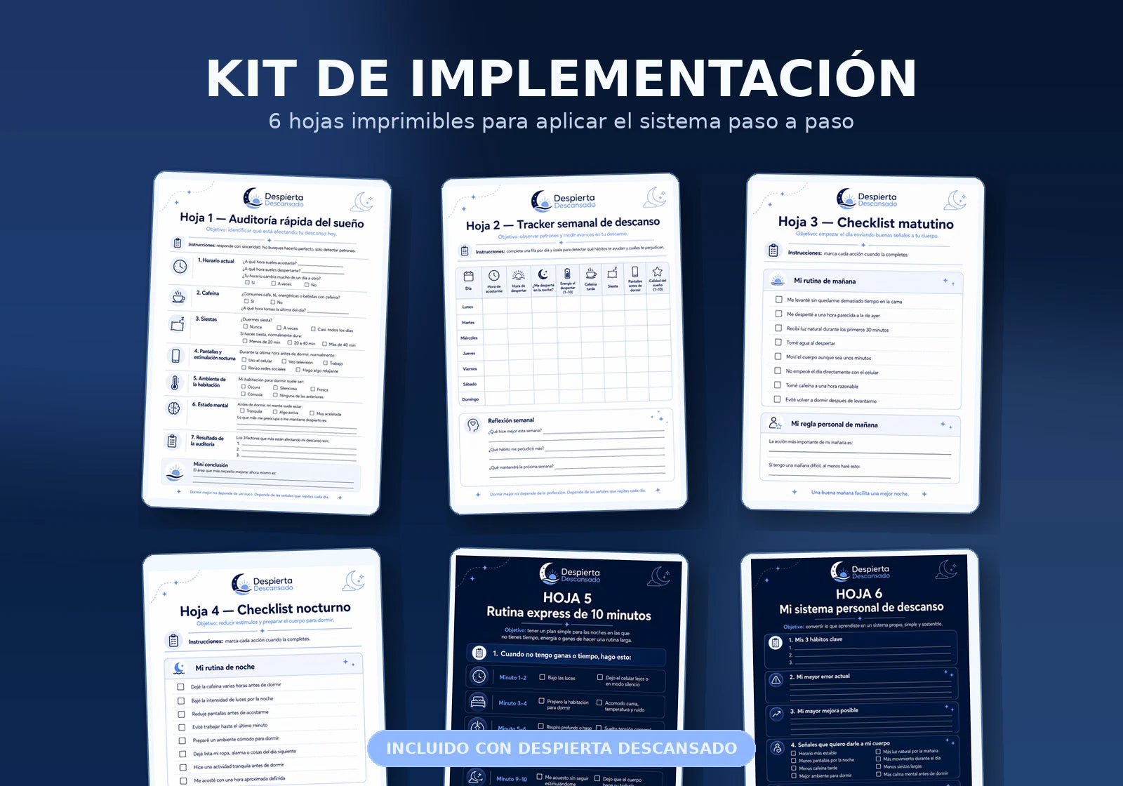 Kit de implementación con seis hojas imprimibles para mejorar el descanso